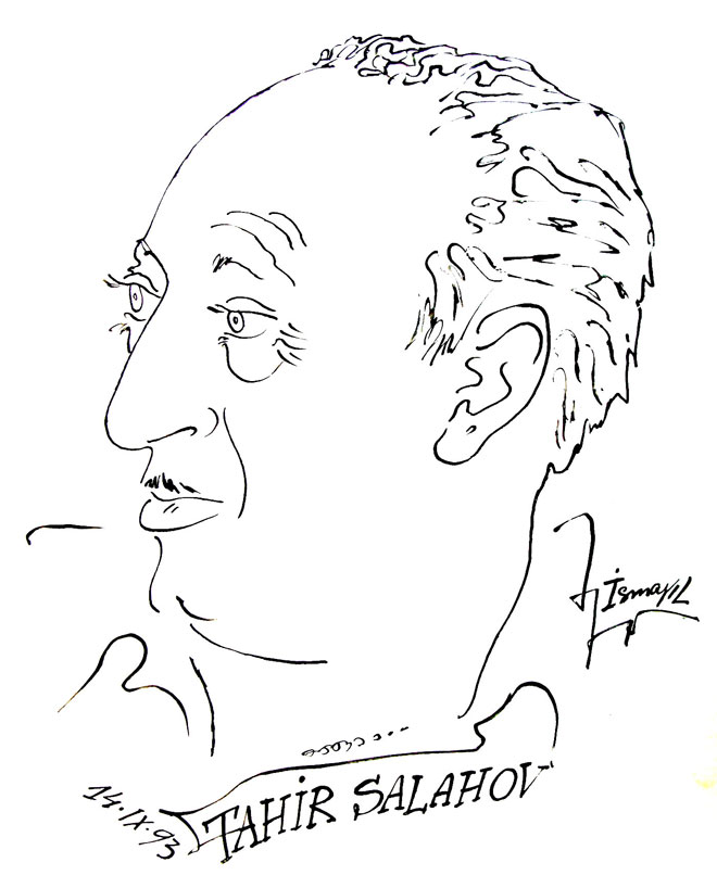 Дружеский шарж к 80-летию Таира Салахова от художника Исмаила Мамедова
