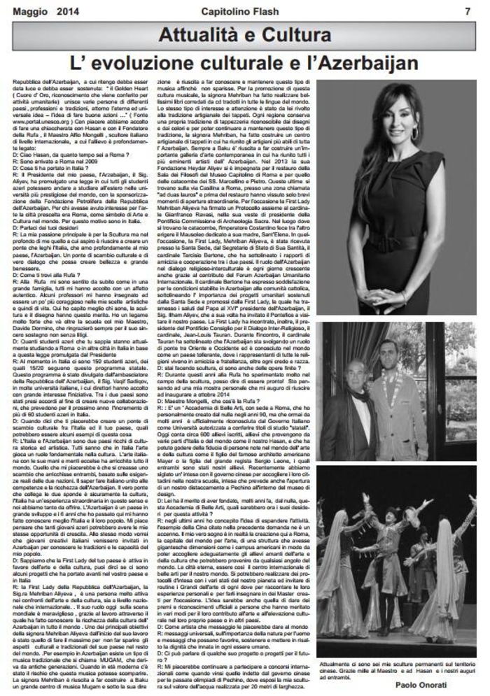 В популярной итальянской газете «Capitolino Flash» опубликовано интервью о многогранной деятельности первой леди Азербайджана Мехрибан Алиевой