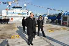 Президент Азербайджана и его супруга приняли участие в церемонии сдачи в эксплуатацию корабля «Муслим Магомаев» (версия 2) (ФОТО)