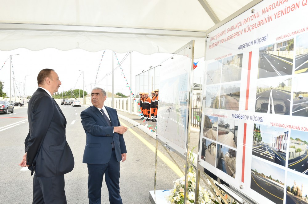 Президент Ильхам Алиев принял участие в открытии дороги Маштага-Бильгя и улиц в поселке Нардаран (ФОТО)