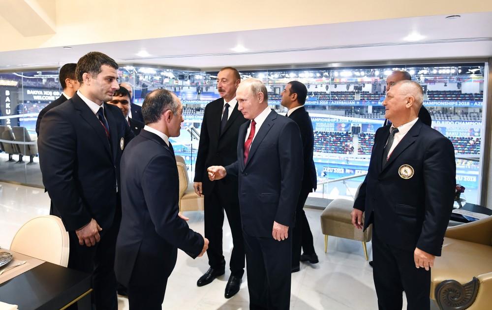 Президент и Первый вице-президент Азербайджана, президенты России и Монголии наблюдали за смешанными командными соревнованиями ЧМ по дзюдо в Баку (ФОТО)
