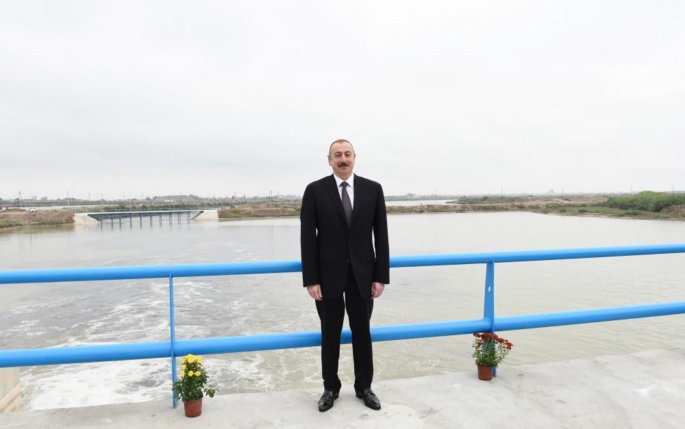 Президент Ильхам Алиев принял участие в церемонии открытия нового канала-притока реки Араз (ФОТО)