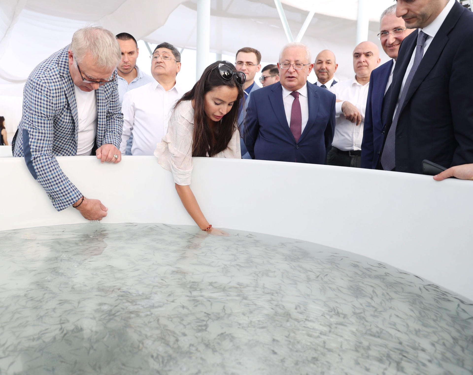 Вице-президент Фонда Гейдара Алиева Лейла Алиева приняла участие в церемонии выпуска в Каспий мальков осетровых, выращенных на Хыллинском заводе по разведению рыбы в Нефтчале (ФОТО)