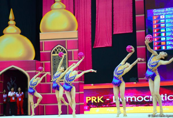 В Национальной арене гимнастики продолжаются соревнования команд в групповых упражнениях в рамках Чемпионата мира в Баку (ФОТО)
