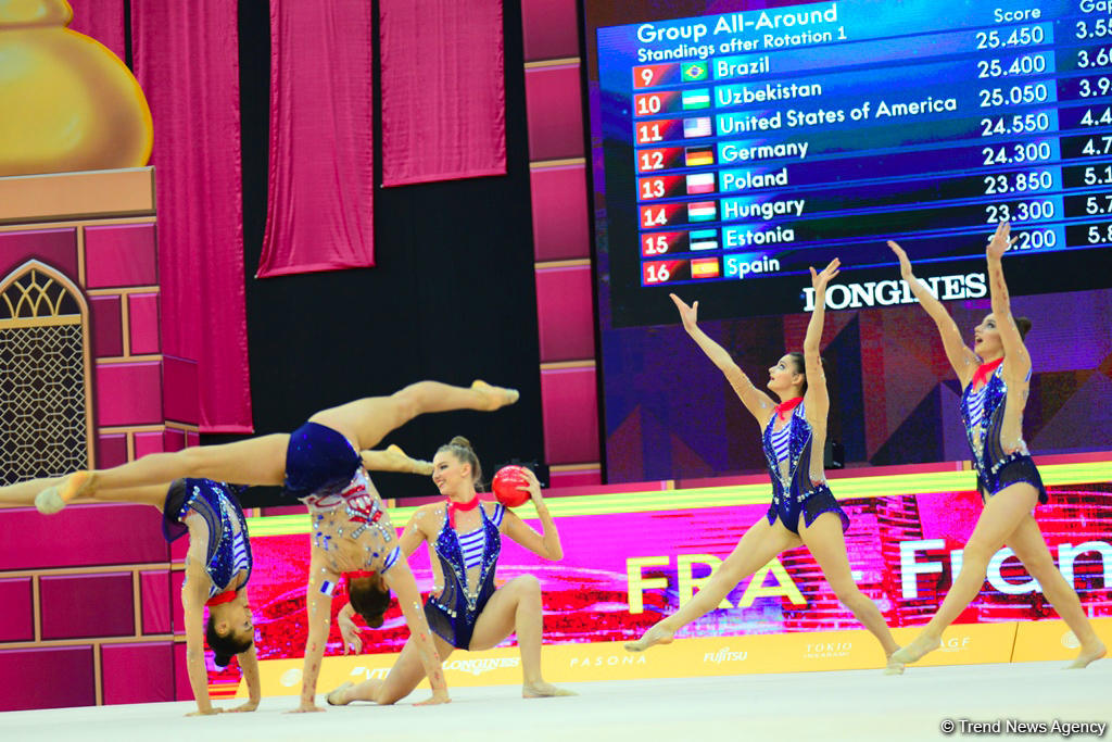 В Национальной арене гимнастики продолжаются соревнования команд в групповых упражнениях в рамках Чемпионата мира в Баку (ФОТО)