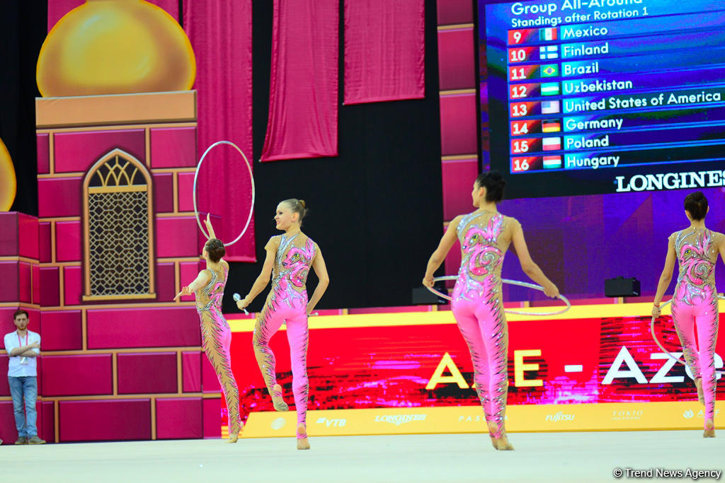 В Национальной арене гимнастики продолжаются соревнования команд в групповых упражнениях в рамках Чемпионата мира в Баку (ФОТО)