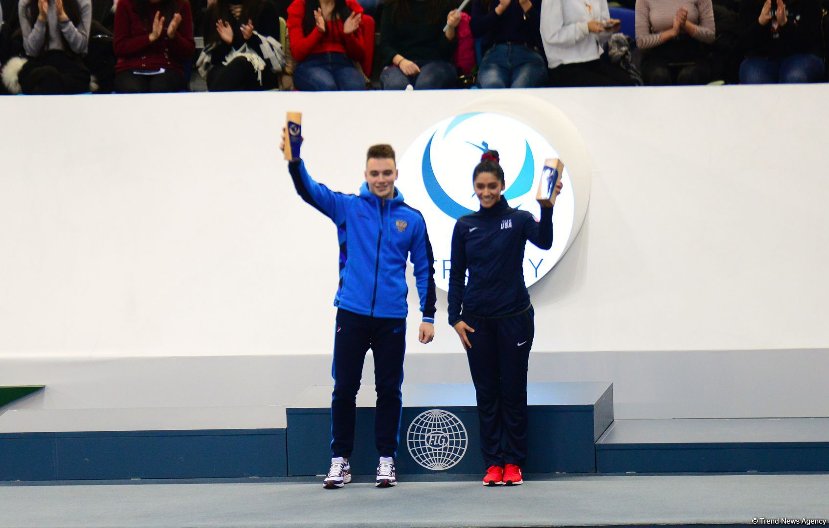 В Баку прошла церемония награждения победителей по прыжкам на акробатической дорожке в рамках Кубка мира (ФОТО)