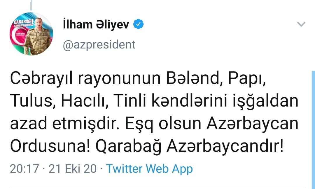 Президент Ильхам Алиев: Азербайджанская армия освободила от оккупации 3 села Физулинского района, 5 сел Джебраильского района