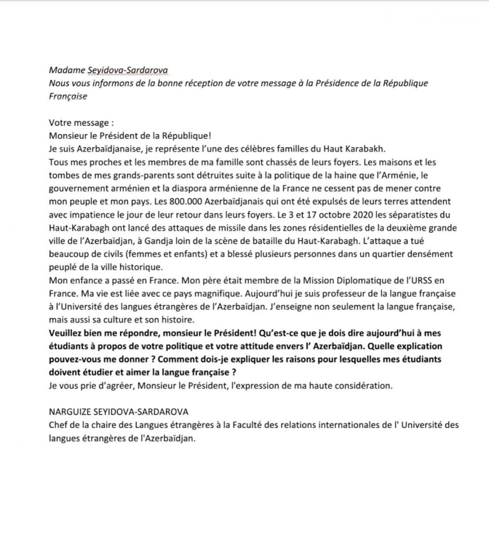 Азербайджанская преподавательница написала письмо президенту Франции и получила ответ (ФОТО)