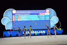 Команда Азербайджана на Кубке мира в Баку занимает первое промежуточное место в упражнении с тремя лентами и двумя мячами (ФОТО)