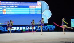 Команда Азербайджана на Кубке мира в Баку занимает первое промежуточное место в упражнении с тремя лентами и двумя мячами (ФОТО)