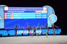 Команда Азербайджана на Кубке мира в Баку занимает первое промежуточное место в упражнении с тремя лентами и двумя мячами (ФОТО)