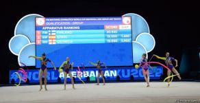 Команда Азербайджана на Кубке мира в Баку занимает первое промежуточное место в упражнении с тремя лентами и двумя мячами (ФОТО)
