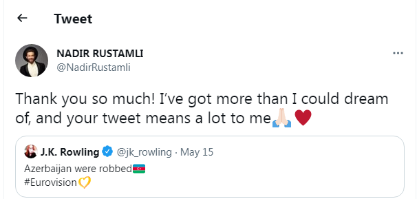 Представитель Азербайджана на "Евровидении-2022" Надир Рустамли поблагодарил Джоан Роулинг за поддержку