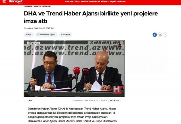 Турецкая газета Hürriyet о новых совместных проектах DHA и АМИ Trend