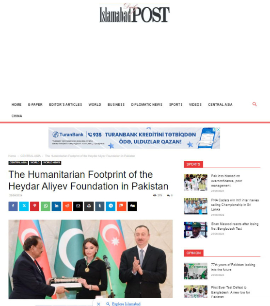 Пакистанская пресса написала о гуманитарных проектах, реализуемых под руководством Первого вице-президента Мехрибан Алиевой (ФОТО)