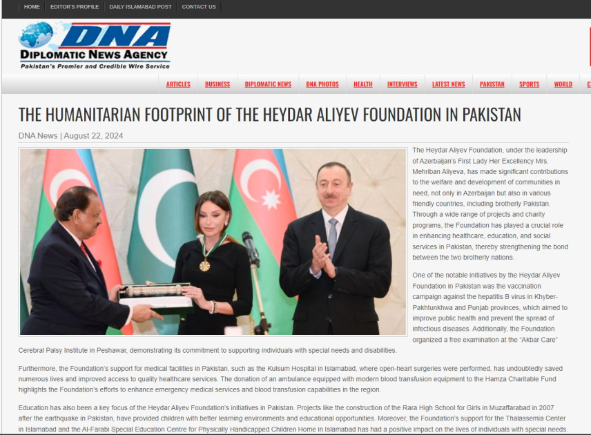 Пакистанская пресса написала о гуманитарных проектах, реализуемых под руководством Первого вице-президента Мехрибан Алиевой (ФОТО)