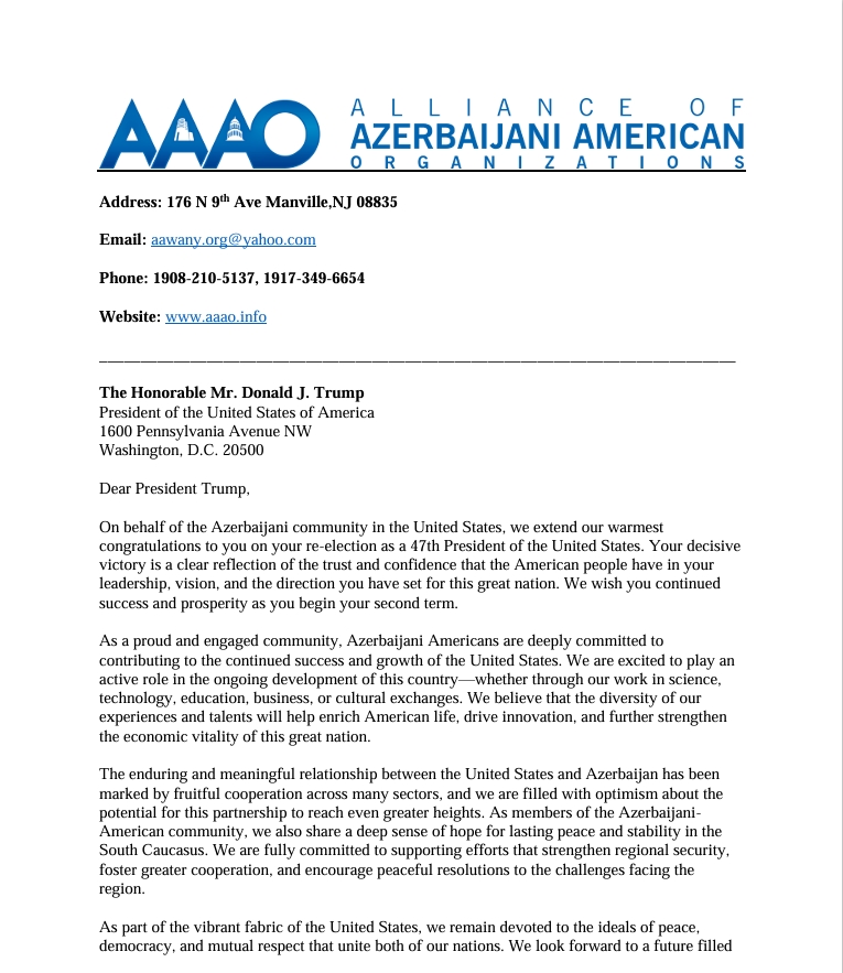 Альянс американо-азербайджанских организаций направил поздравительное письмо Дональду Трампу (ФОТО)