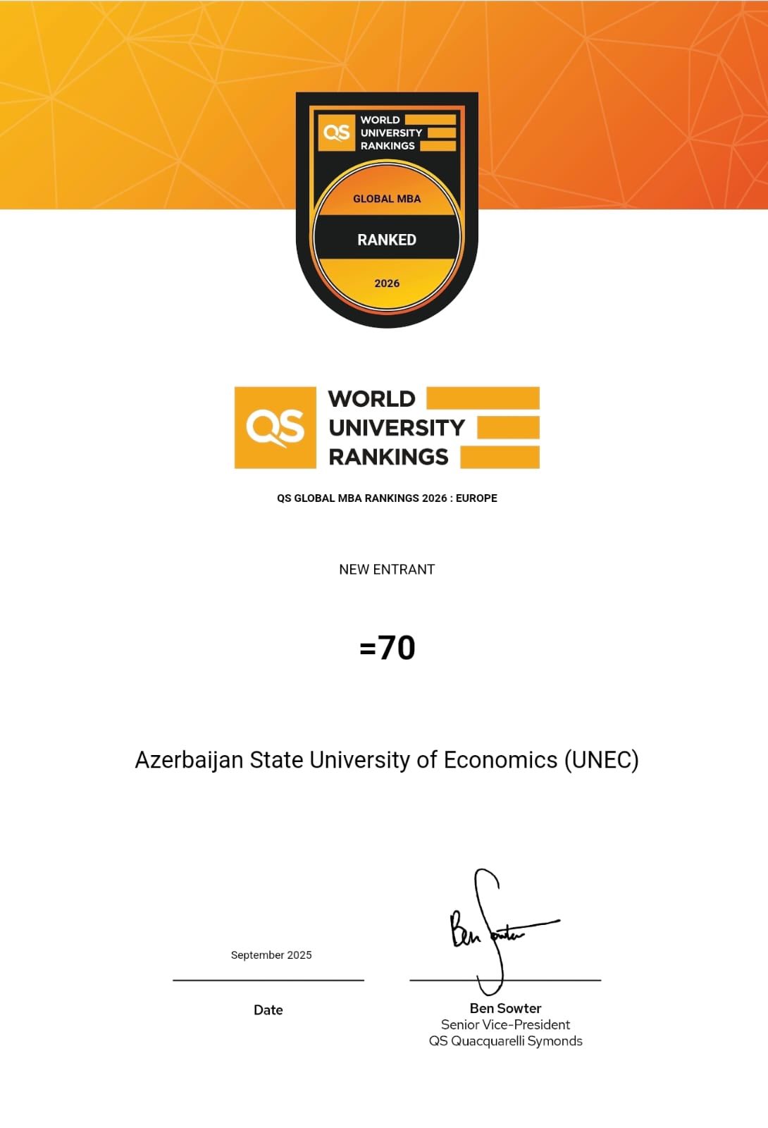 MBA UNEC в ряду лучших в мире: QSMBA в Rankings!