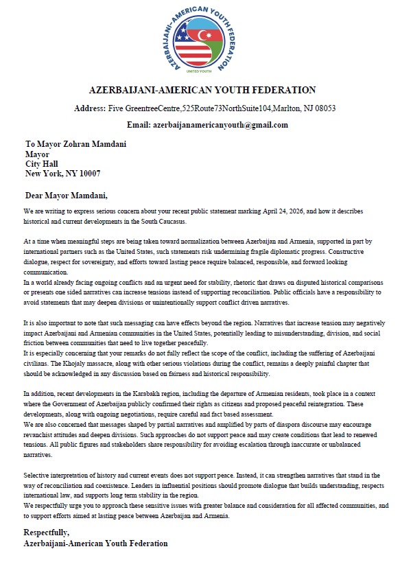 Азербайджанцы мира обратились к мэру Нью-Йорка (ФОТО)