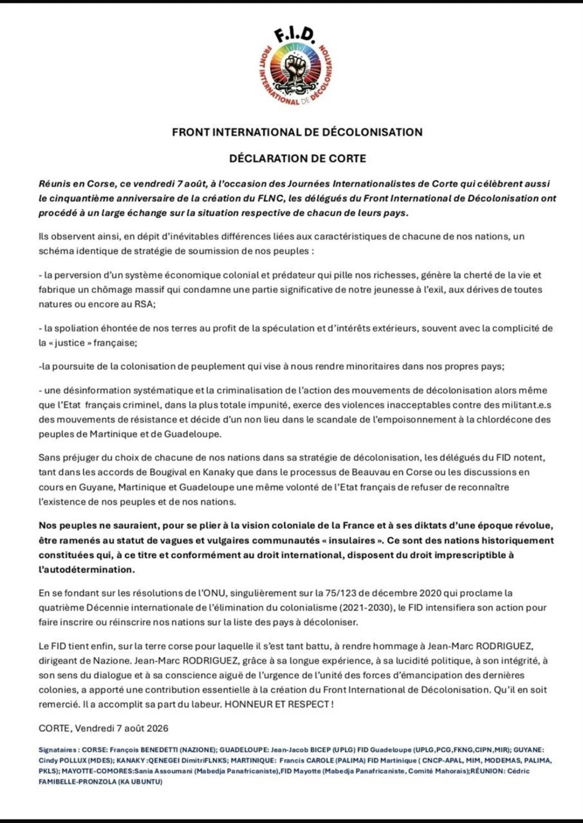 Против колониальной политики Франции принята "Кортская декларация" (ФОТО)